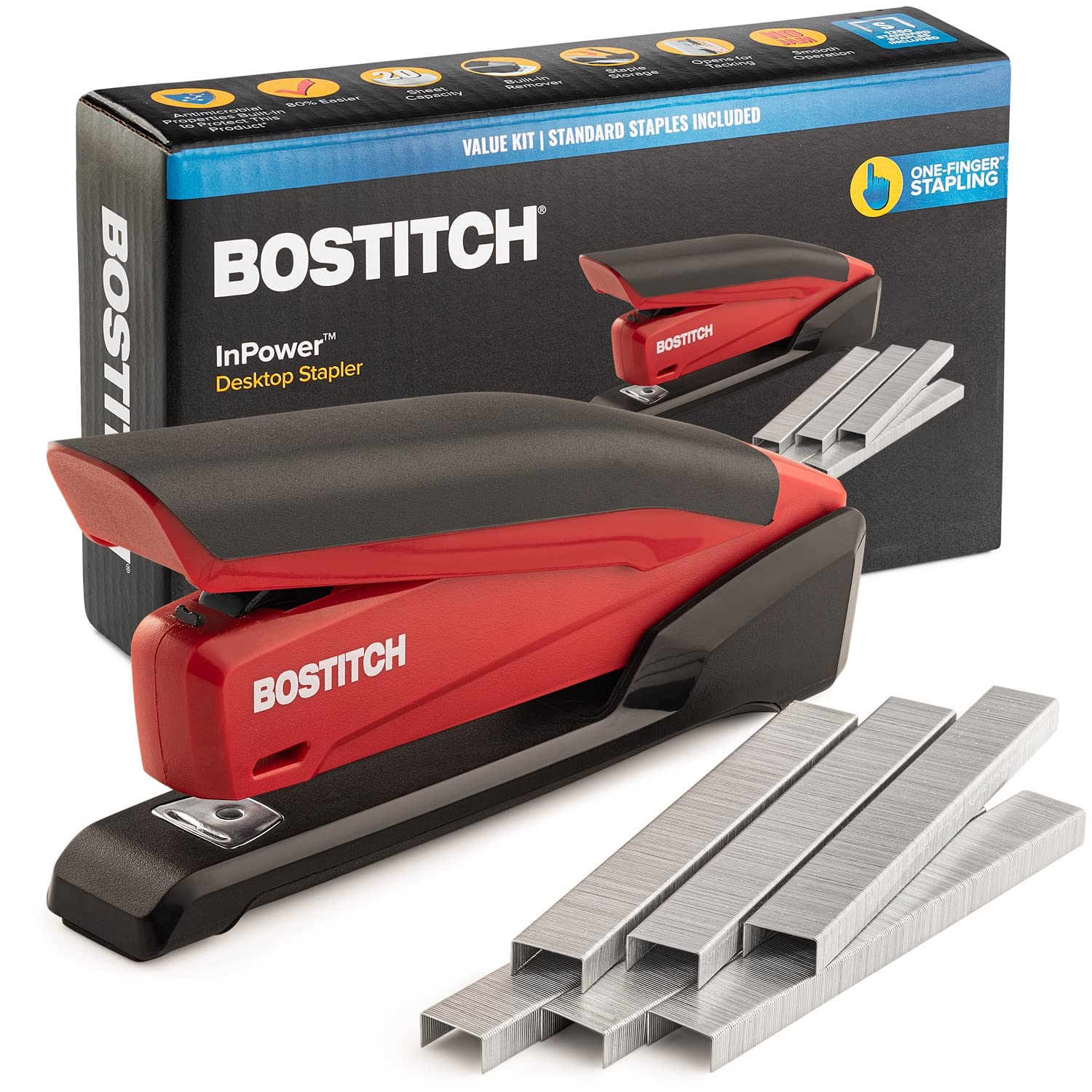 Bostitch InPower Red Spring Stapler - 20 Sheet Capacity & Built-in Remover